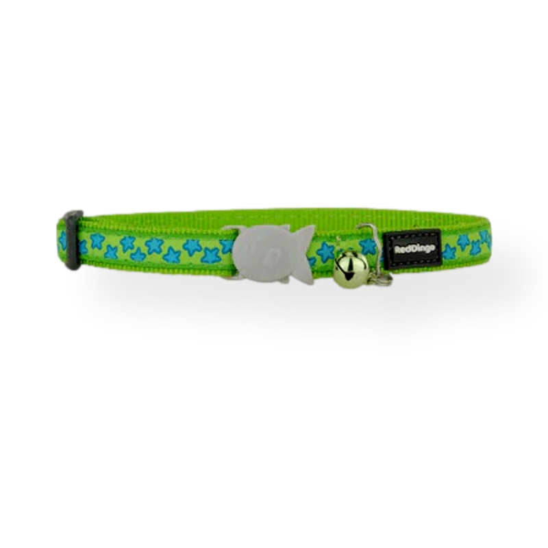 Red Dingo Cat Collar Stars Turquoise on Lime Green